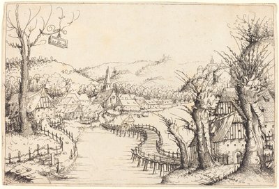 Flusslandschaft mit Holzbrücke von Augustin Hirschvogel